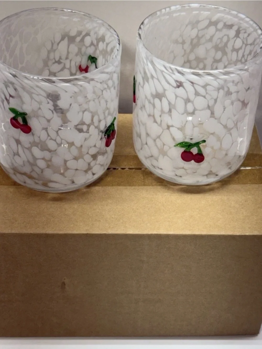 Hand Blown Cherry Art Glass Tumblers Set of 2 White Confetti Cups
